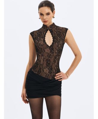 Women's Valerie Black Lace Teardrop Neckline Ruched Mini Dress