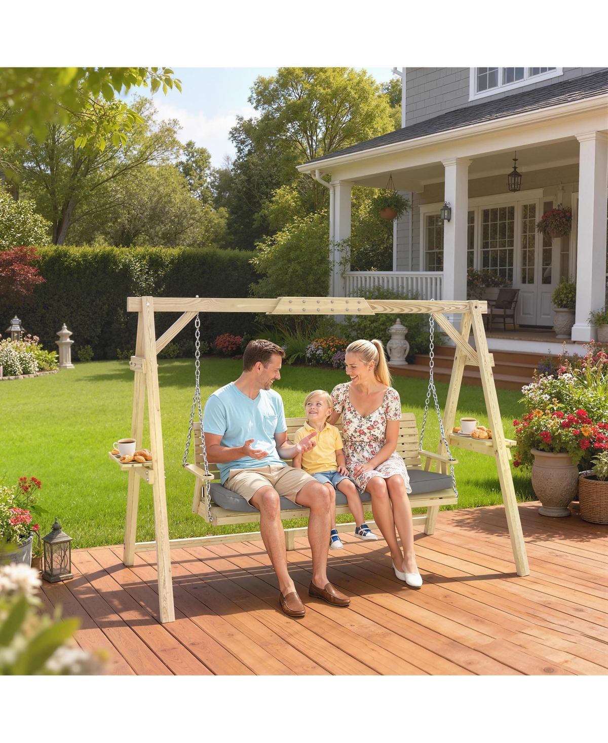 Outsunny 3 Seat Porch Swing with Cushion and Side Trays