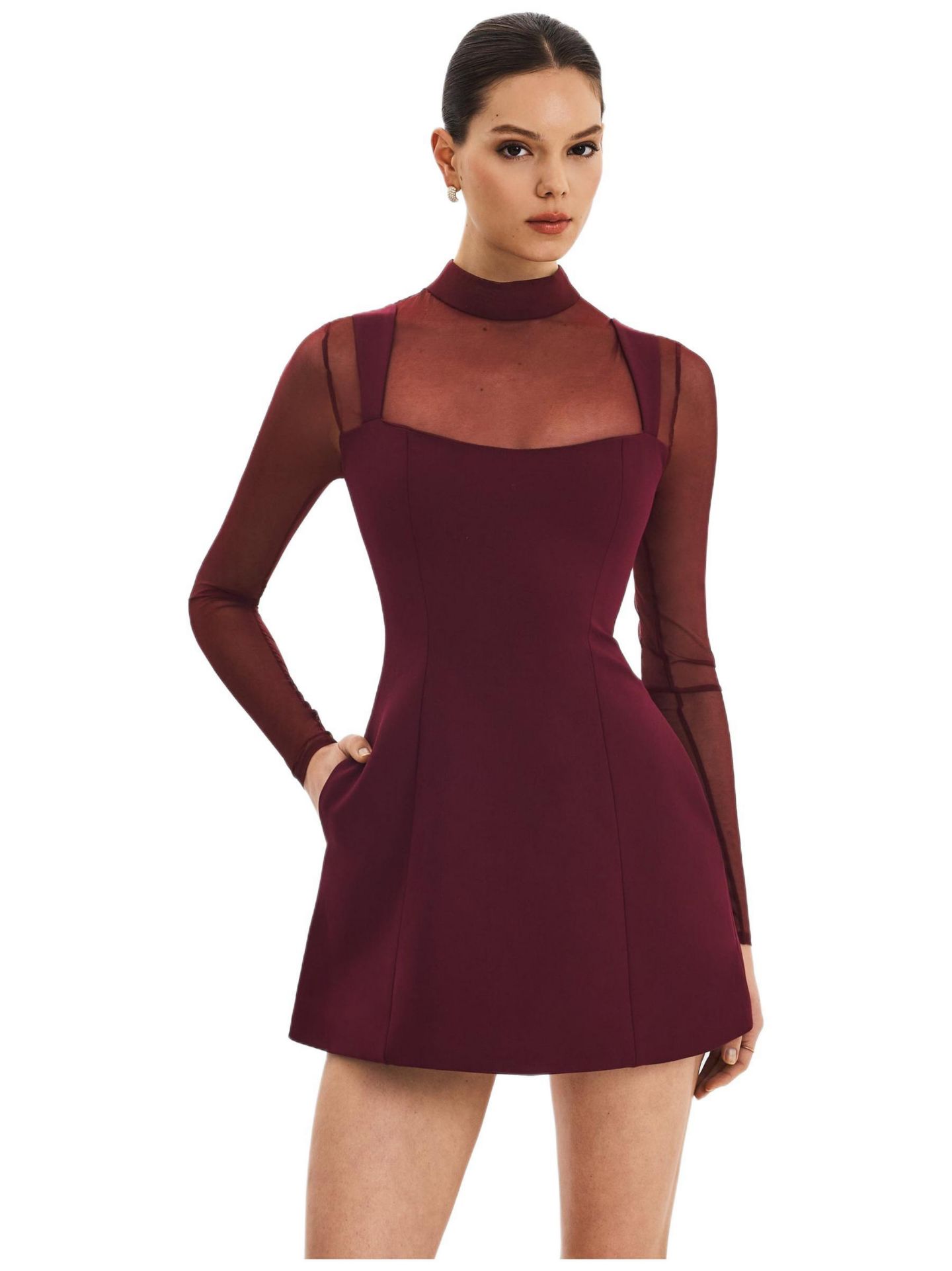 Женское платье Miss Circle Natasha Burgundy Faux Two-Piece Turtleneck Mini, цвет: Бордовый — фото 1