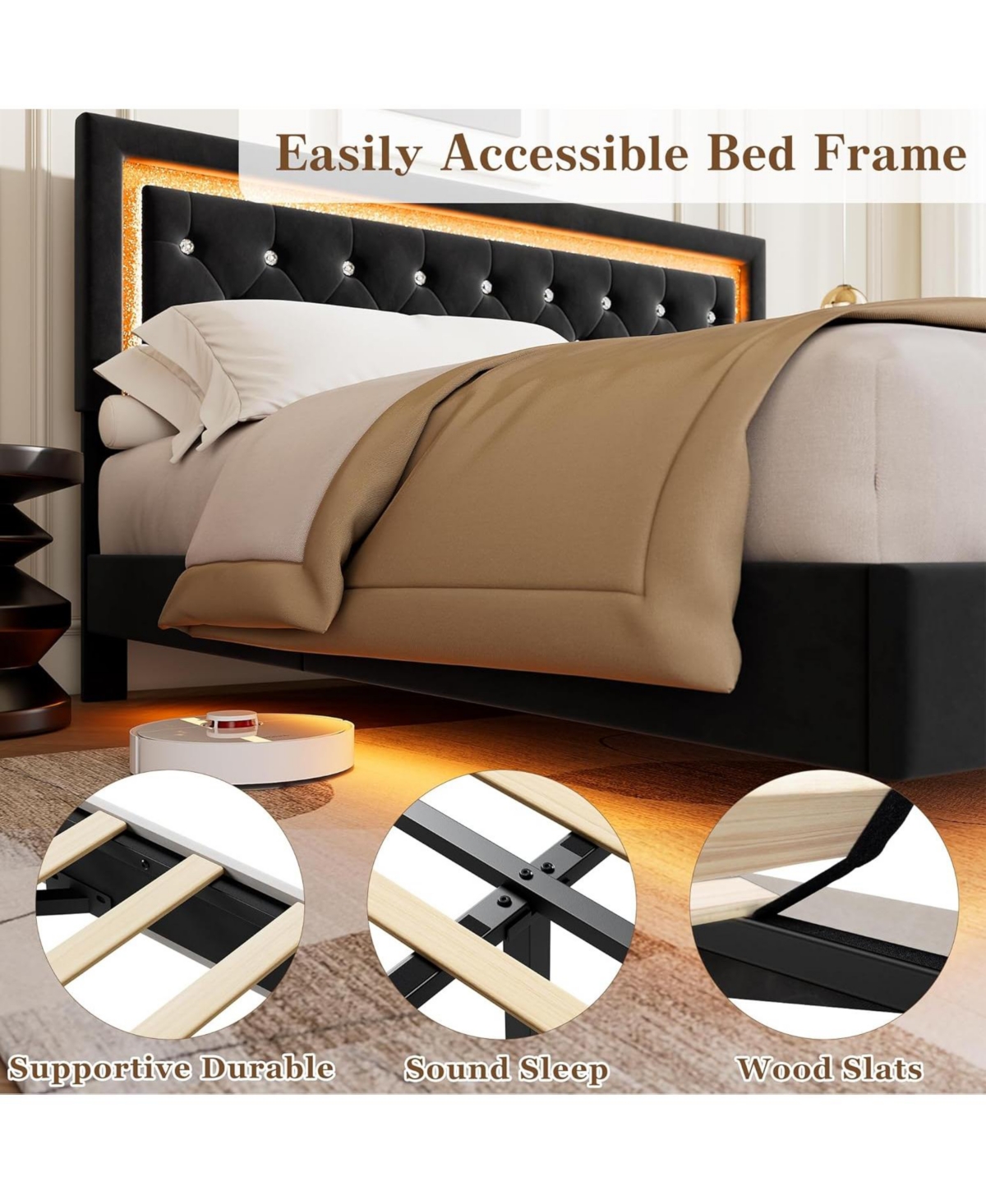 gaomon Floating Bed Frame with Smart Led Lights, Upholstered Platform Diamond Headboard, Solid Wood Slats Support