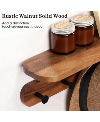 Walnut Wood Shelf & 5 Hooks Wall Rack for Coats, Bags, Living Spaces
