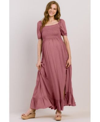 Maternity Smocked Swiss Dot Maxi Dress with Side Slit