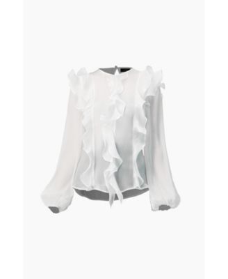Ivonne Women's Long Sleeve Sheer Blouse with Ruffle Detail