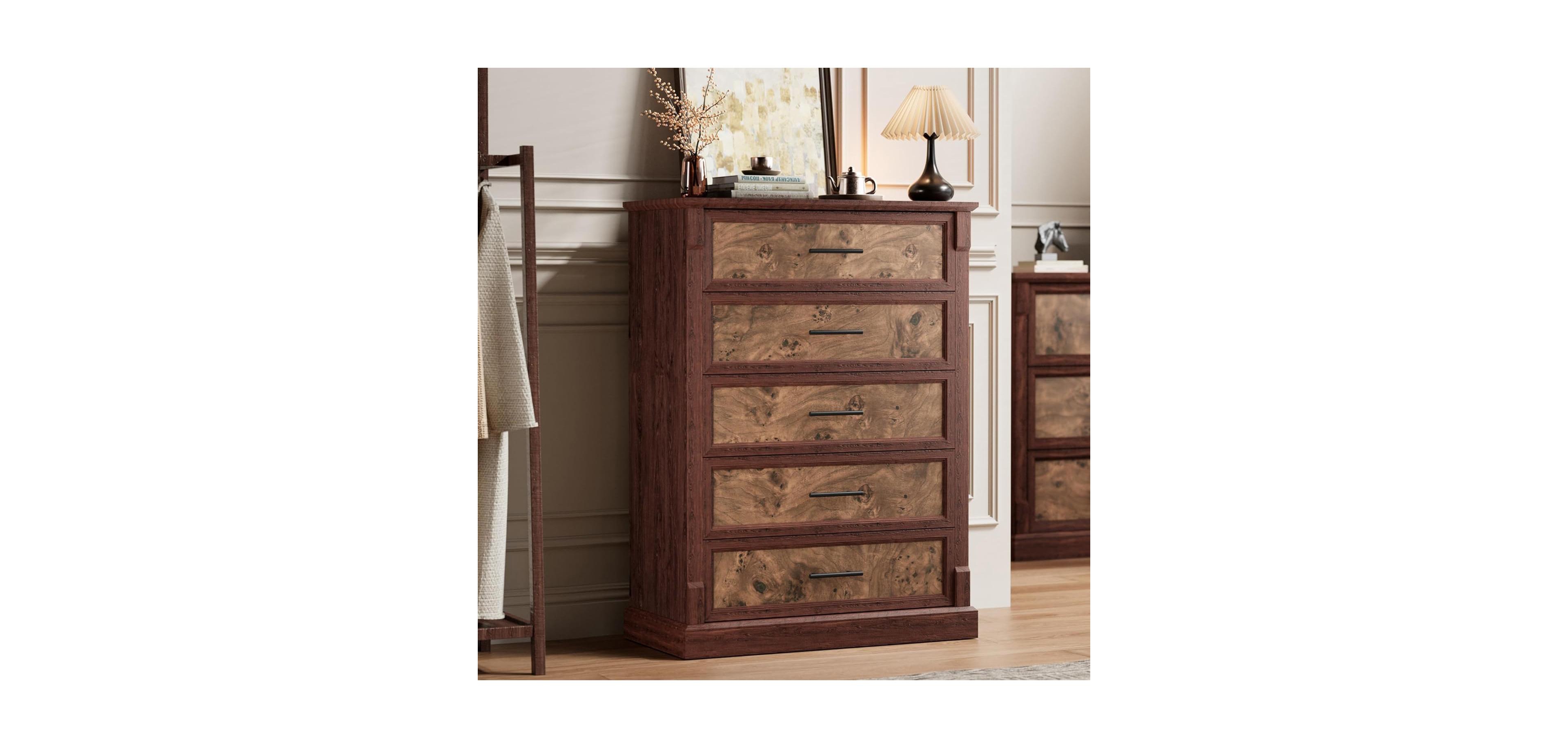 gaomon Brown 5 Drawer Dresser for Bedroom, Farmhouse Tall Chest of Drawers with Metal Handles, Rustic Wooden Dresser for Living Room