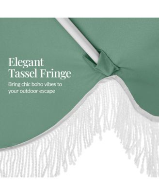 9ft Fringe Market Umbrella - Boho Patio Sunshade w/ Tilt, UPF50+, Steel Pole for Table, Pool, Deck