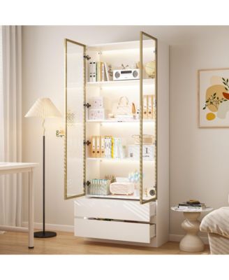 Display Cabinet with 2 Glass Doors and Lights, 4-Tier Storage Shelves and 2 Drawers