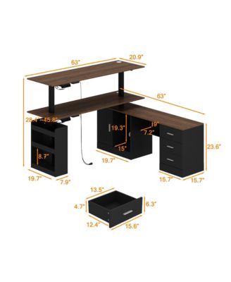 63 In. Electric Standing Desk with Drawers and Shelves,Adjustable Height Desk, L-Shaped Design