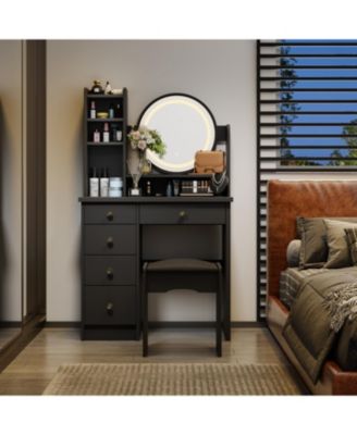 Light Mirror 5-Drawers Black Wood Makeup Vanity Set Dressing Desk