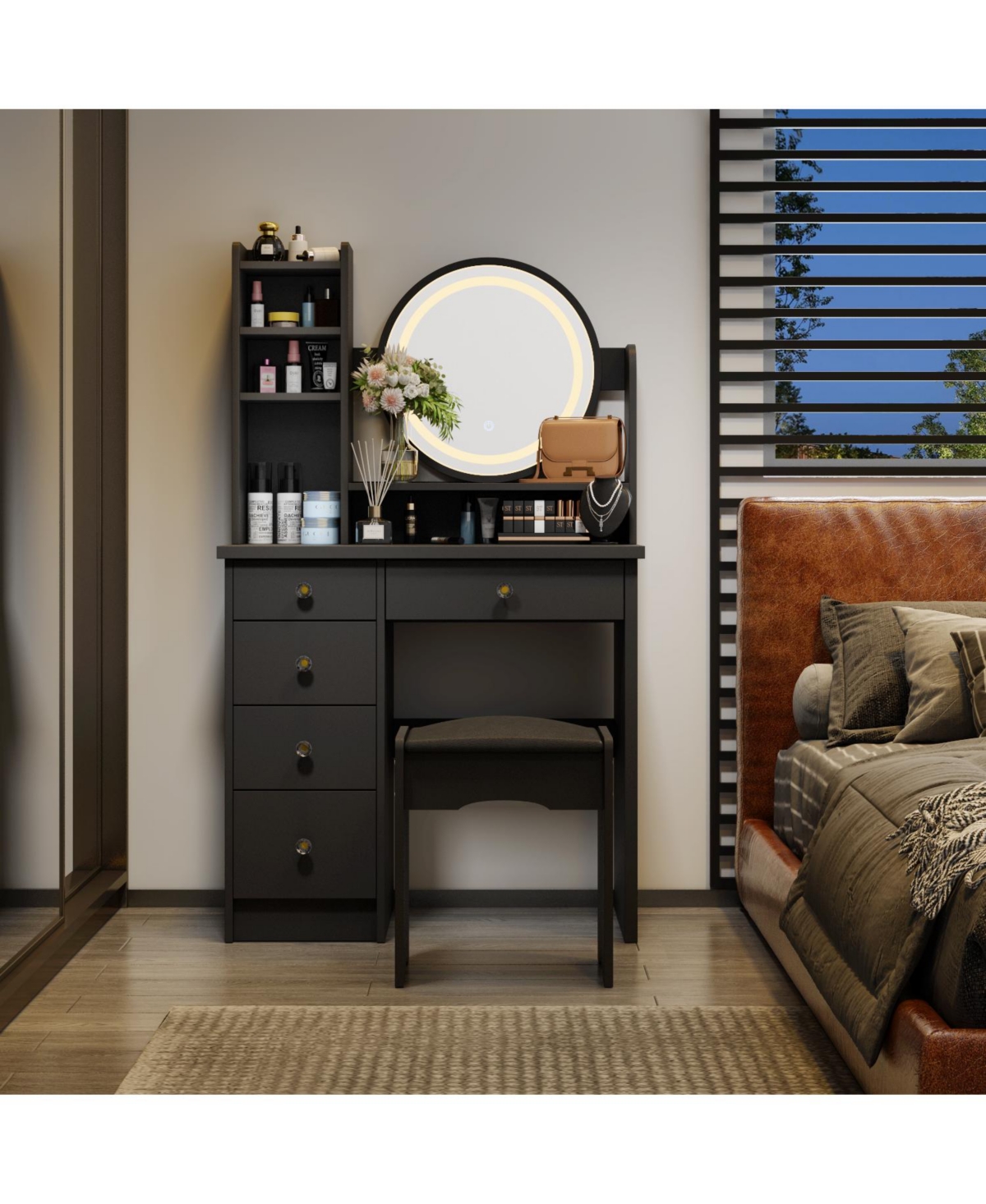 Famapy 5-Drawers White Wood Makeup Vanity Table Dresser Sets Dressing Desk with Led Mirror and Open Shelves