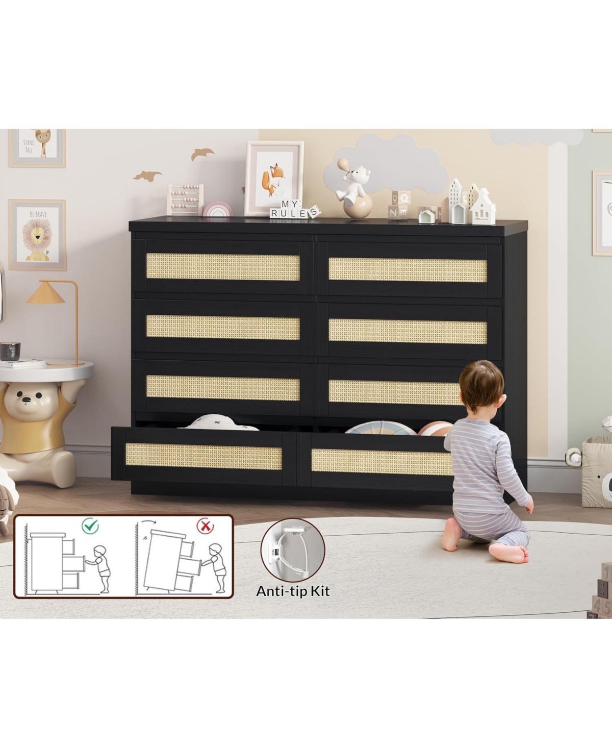 gaomon Rattan Dresser for Bedroom, Modern 8 Drawer Wooden Chest, Wide Wood Beside Table Closet, Nursery, Living Room and Entryway