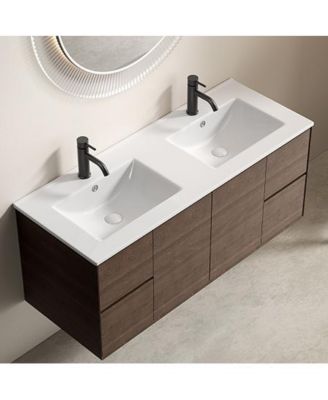 Double Bowl Ceramic Bathroom Sink - 121 x 46 x 17cm Thin Edge Vanity Basin, Dual Countertop Porcelain Wash Basin