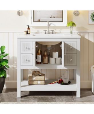 36" Bathroom Vanity with Sink, Modern Freestanding Vanity with Ceramic Porcelain Basin, 2-Door Storage Cabinet & Open Shelf