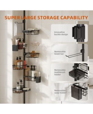 Adjustable Tension Pole Shower Caddy with 6 Rust-Resistant Corner Shelves, Towel Bar and Soap Dish