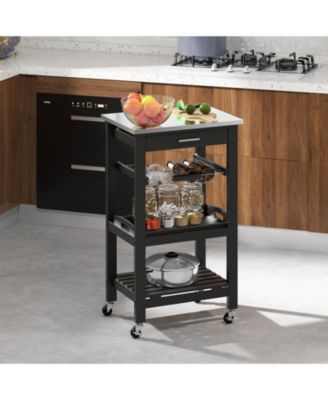 Kitchen Island Cart with Stainless Steel Top and Storage Basket, Rolling Trolley