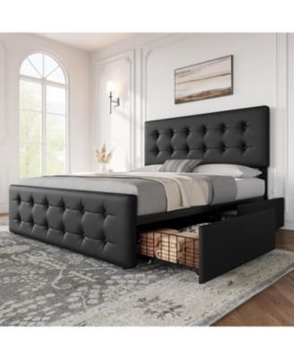 Queen Size Bed Frame with 4 Storage Drawers and Linen Upholstered Headboard,Button Tufted Design, No Box Spring Needed, Dark
