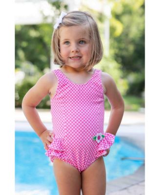 Little Girls Gingham Swimsuit with Ruffles and Flower