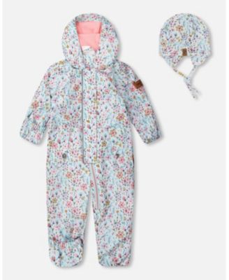 Baby Girl Mid-Season One-Piece Outerwear with Hat Blue Mini Flower Print