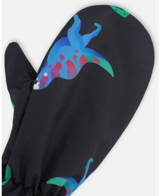 Boy Mid-Season Mittens in Polyester Black Dinosaur Print