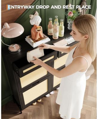Rattan Shoe Cabinet with 4 Flip Drawers & 2 Top Drawers, Slim Wooden Freestanding Shoe Organizer with Adjustable Shelves