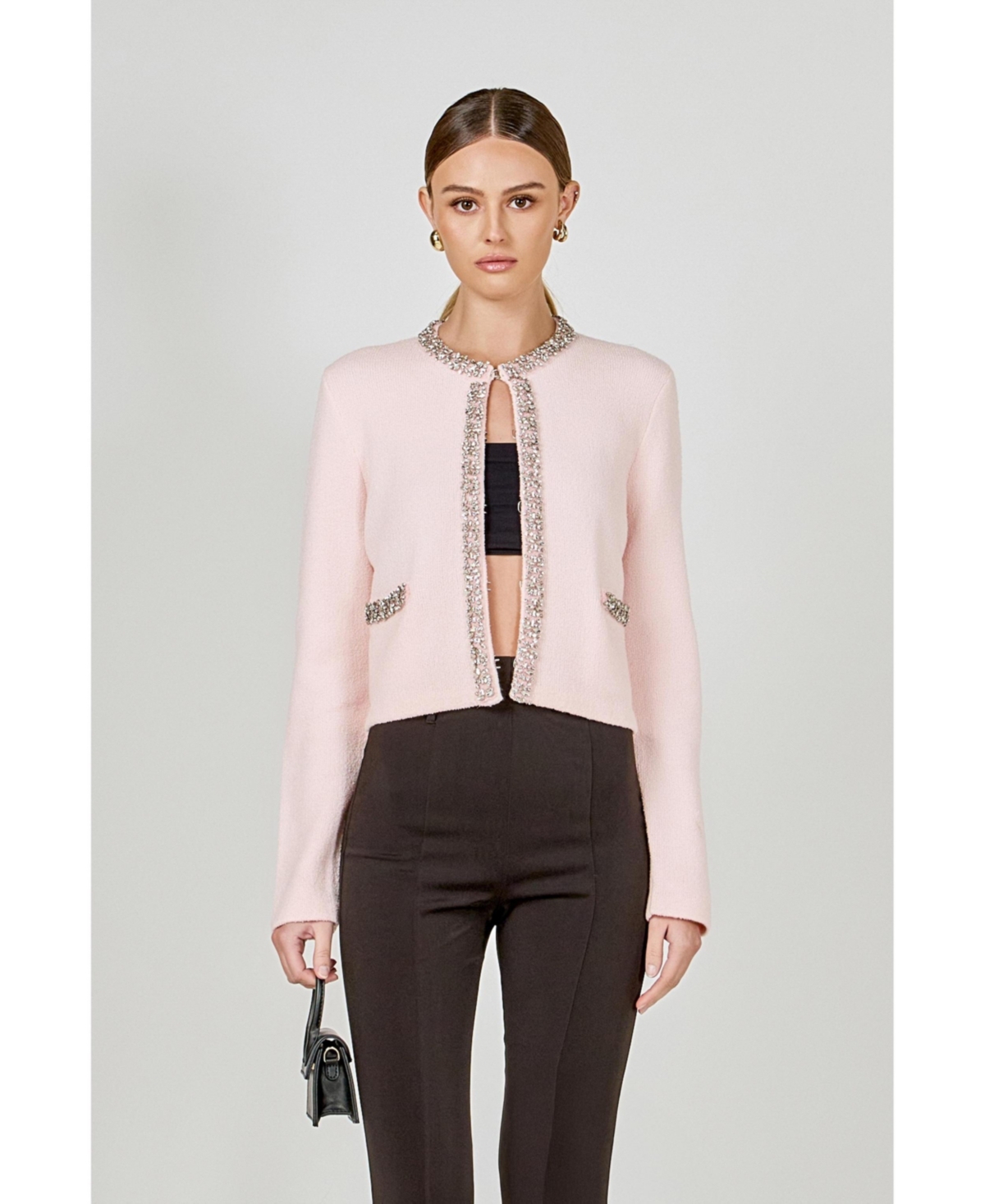 endless rose Women's Boucle Knit Jewel Trim Sweater Cardigan