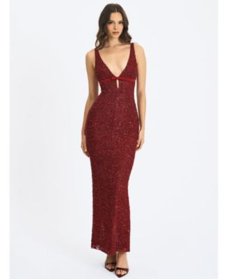 Women's Elora Crimson Sequin Beaded Keyhole Maxi Dress