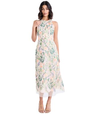 Women's Embroidered Floral Halter Neck Midi Dress