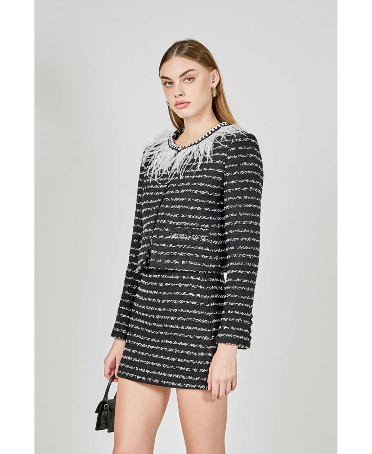 endless rose Women's Feather Detailed Bow Tweed Jacket