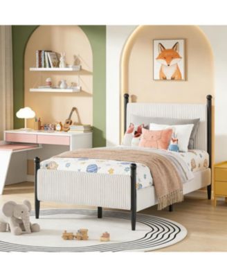 Bed Frame with Vertical Stripes headboard, Corduroy upholstered Bed upholstered Bed Frame with Vintage Metal Legs, no Box Spring Needed