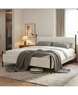 Bed Frame with Vertical Stripes headboard, Corduroy upholstered Bed upholstered Bed Frame with Vintage Metal Legs, no Box Spring Needed
