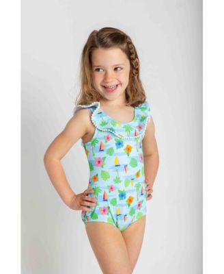 Toddler Girls Tropical Print Ruffle Neck Swimsuit