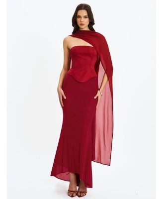 Women's Giselle Crimson Peplum Mermaid Gown with Chiffon Scarf