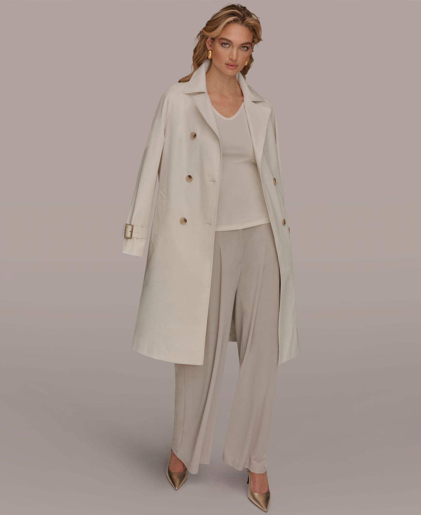 Женское пальто Donna Karan New York Double Breasted Belted Notch Collar Trench, цвет: Кремовый — фото 7