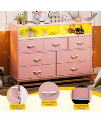 Pink 7-Drawer Dresser for Bedroom – Modern Long Dresser with Charging Station & LED Lights