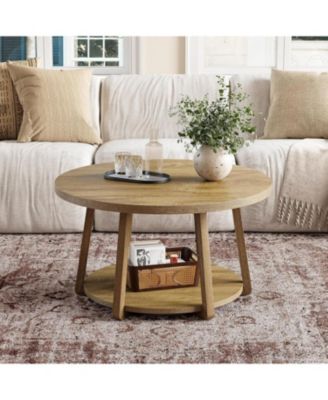 Round Coffee Table with Storage, 2-Tier 31.5" Center Table with Wooden Legs for Living Room & Bedroom