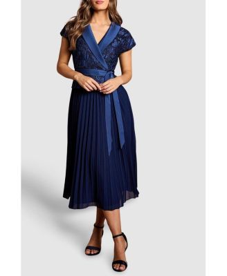 Women's Lace Wrap Top Pleat Tux Midi Dress