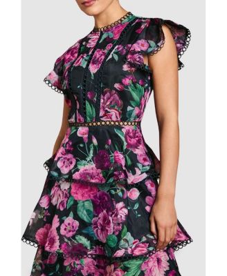 Lace Trim Tiered Organza Midi Dress