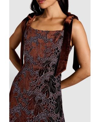 Women's Velvet Lace Tie Shoulder Midi Dress