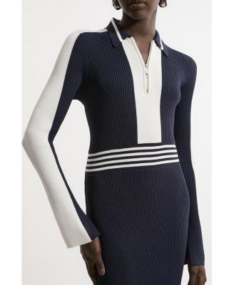Women's Rib Knit Polo Zip Up Midi Dress