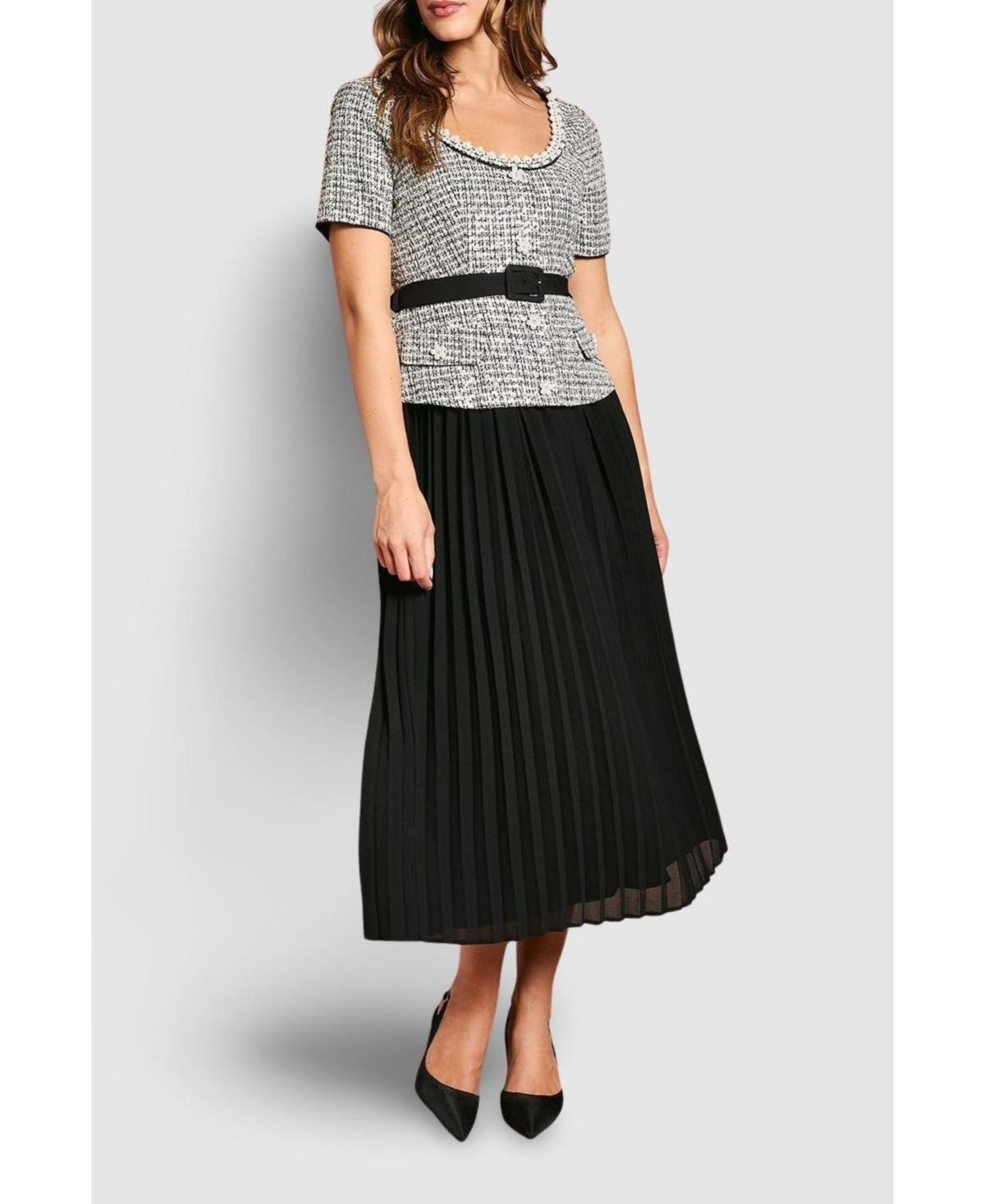 Coast Women's Tweed Bodice Pleated Skirt Dress