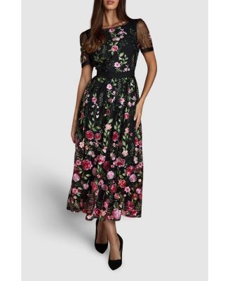 Women's Lace Trim Embroidered Mesh Midi Dress