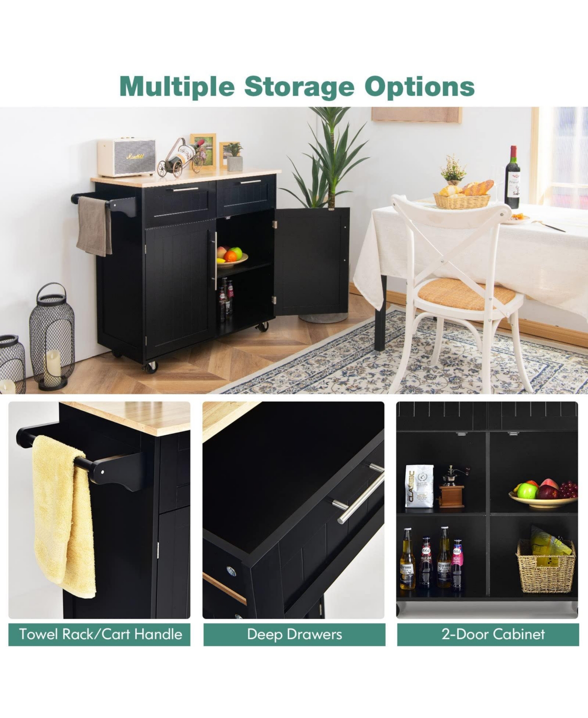 Volenca Kitchen Island Storage Trolley with Drawer and Towel Rack, Rolling Cart