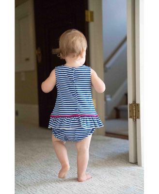 Baby Girl Stripe Knit Romper With Pom Poms & Flowers