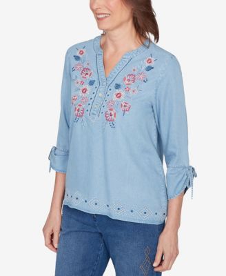 Women's  Austin Floral Embroidered Tie Sleeve Henley Top
