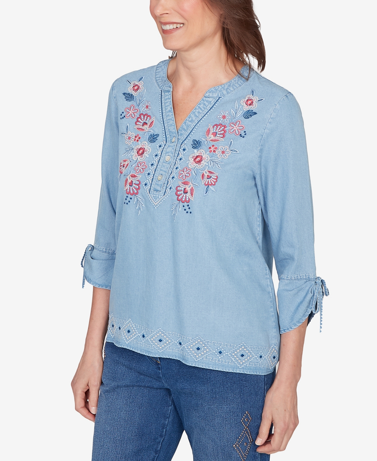 Alfred Dunner Women's Austin Floral Embroidered Tie Sleeve Henley Top