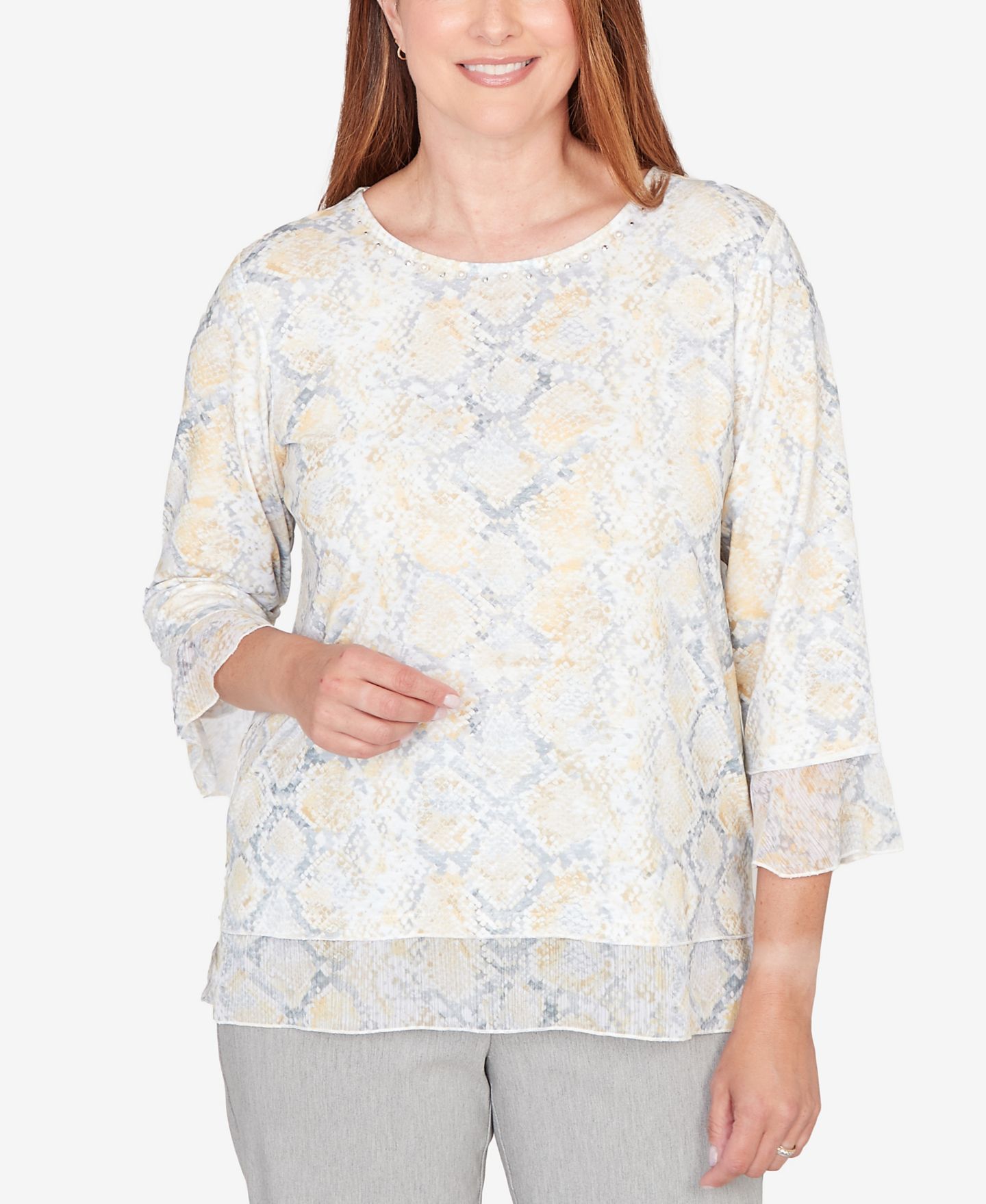 Женский топ Alfred Dunner Al Fresco Python Printed Knit Flutter Sleeve, цвет: Разноцветный жёлтый — фото 1
