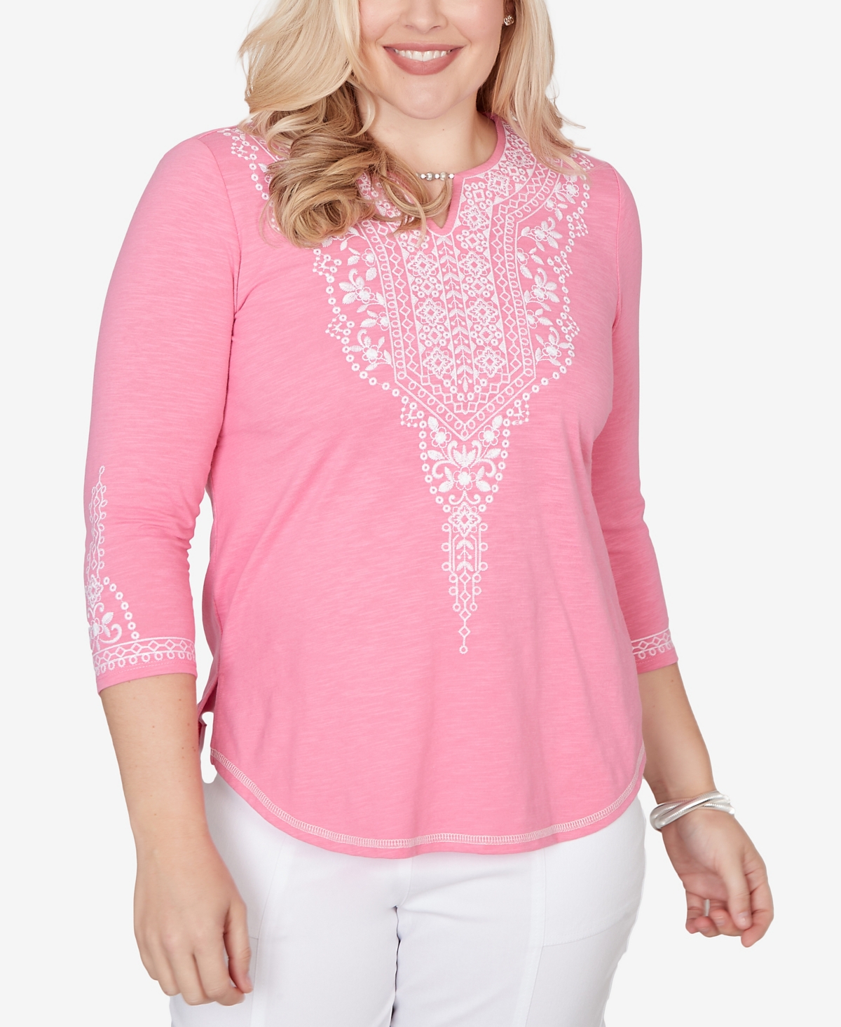 Alfred Dunner Women's The Royal Treatment Embroidered Split Neck Three Quarter Sleeve Top
