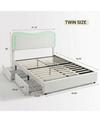 Boucle Bed Frame with 2 Storage Drawers, Upholstered Platform Bed with LED Headboard