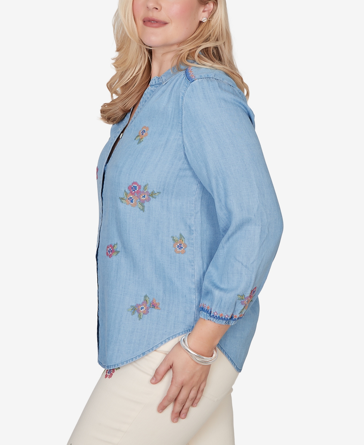 Alfred Dunner Women's Beachcomber Floral Embroidered Button Front Top