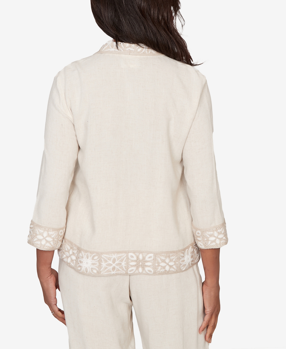 Alfred Dunner Women's Natural Wonder Embellished Crochet Trim Linen Jacket