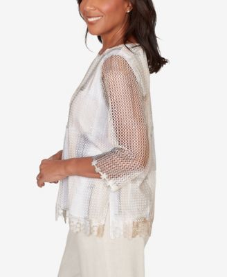 Women's  Natural Wonder Neutral Brushstrokes Mesh Top